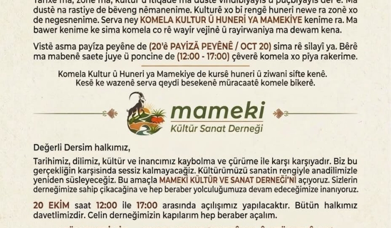 Dersim’de Mameki Kültür ve Sanat Derneği açılıyor